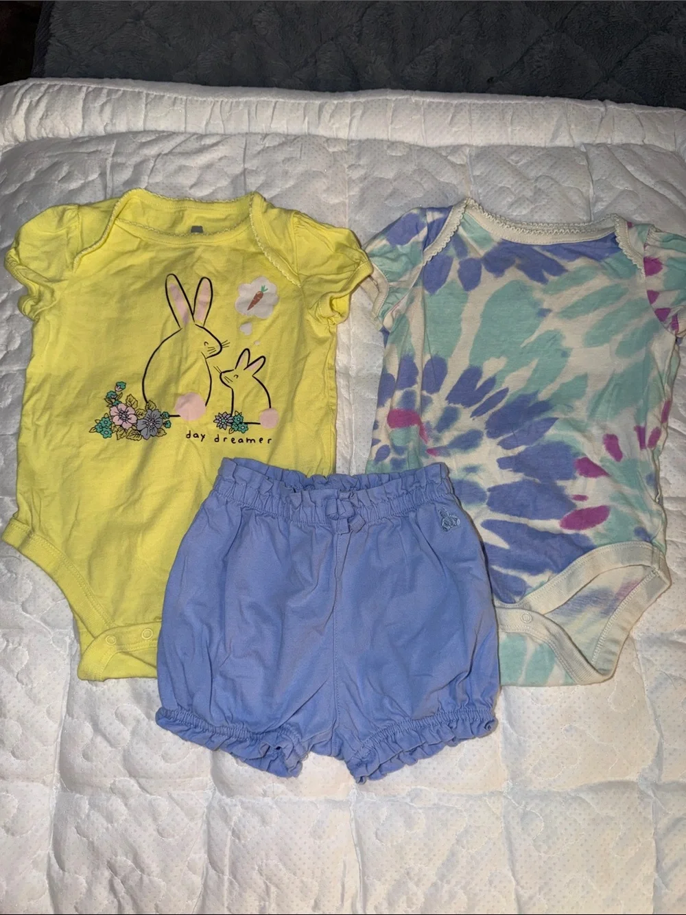 GAP Yellow Bunny Baby Tee & Tye Dye Tee with Blue Bloomers